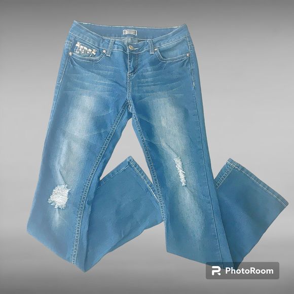 Soundgirl Distressed Flare Jeans Women's Junior's Size 9 Stretch Bling 30x32 - Picture 1 of 14